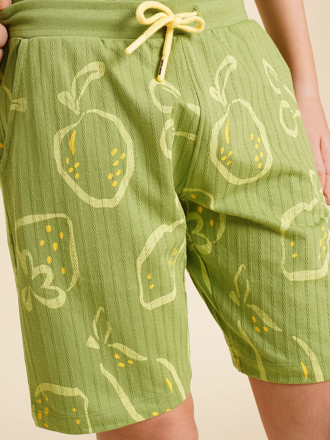 Boys Green Printed Dobby Knit Shorts