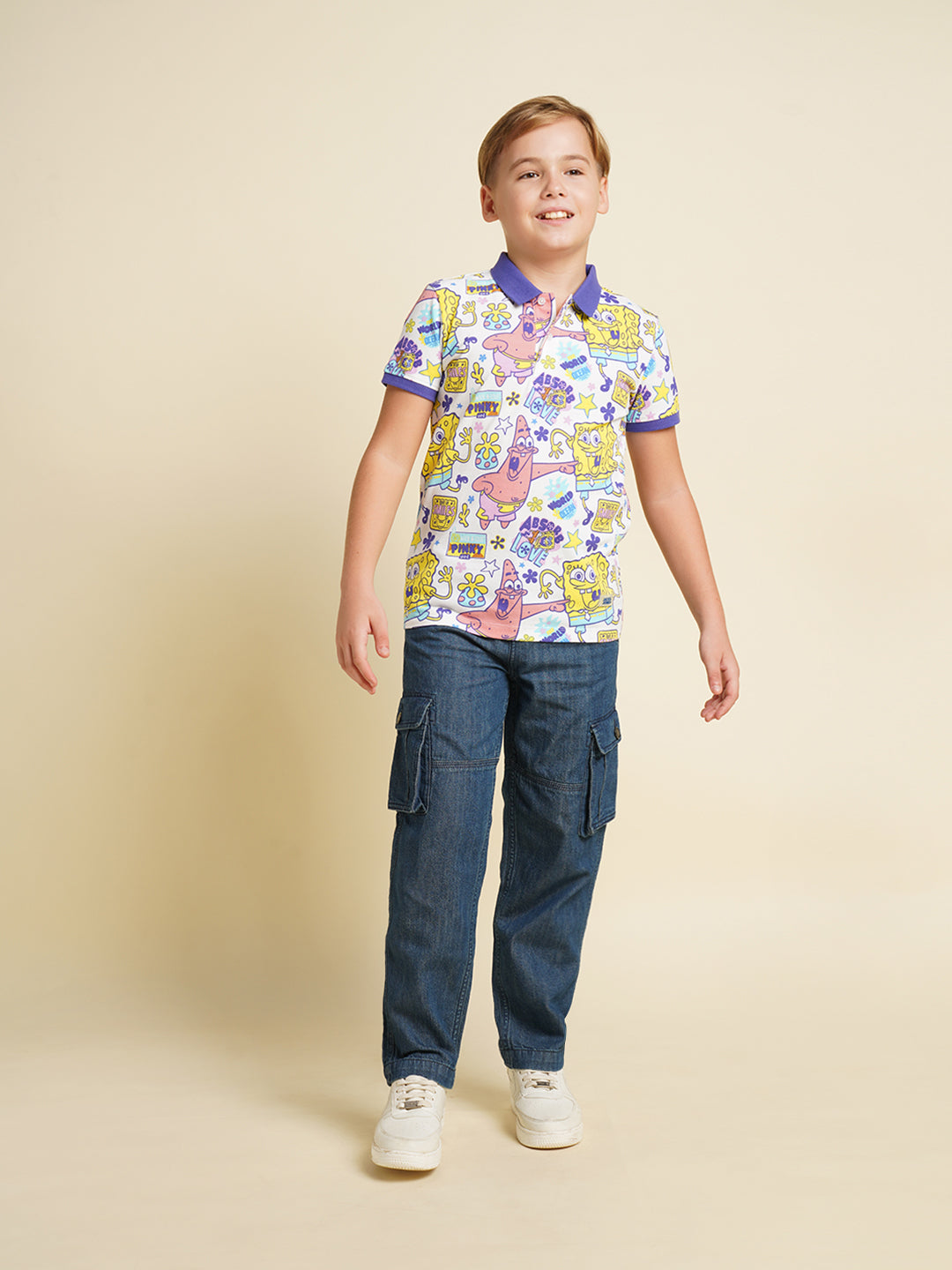 Boys Cotton Polo T-Shirt With All-Over Character Print - White