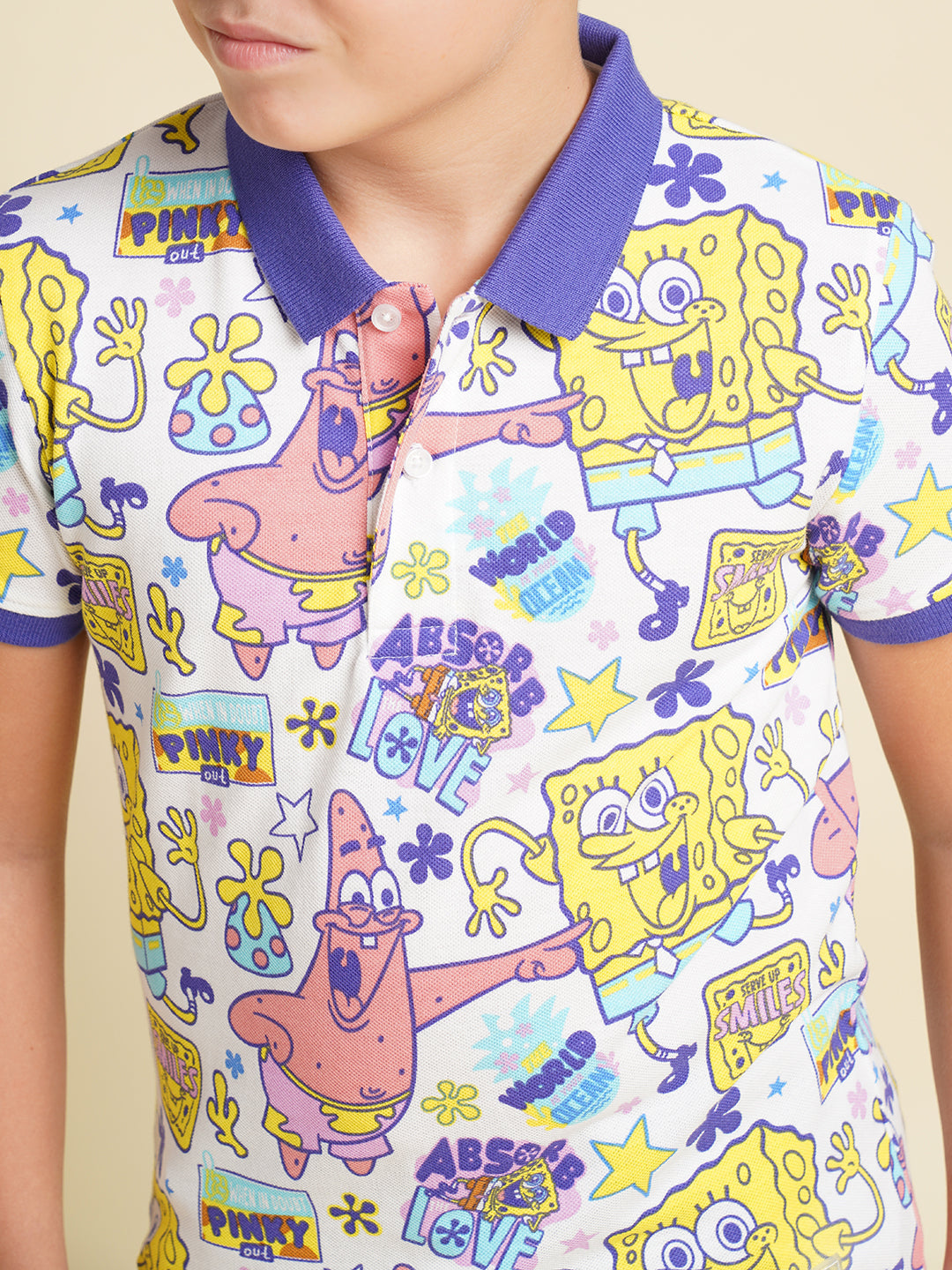 Boys Cotton Polo T-Shirt With All-Over Character Print - White