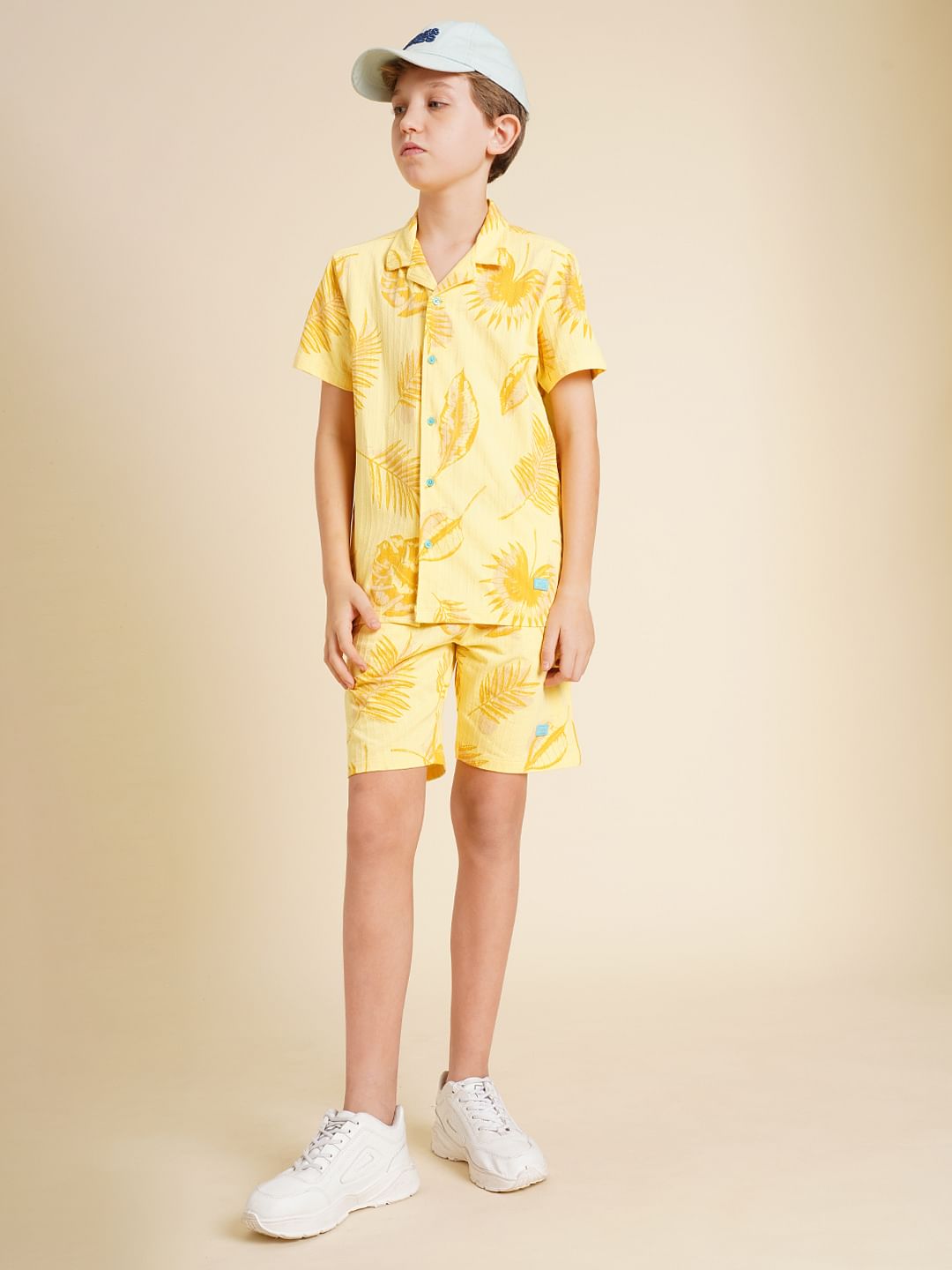 Boys Yellow Printed Dobby Knit Shorts