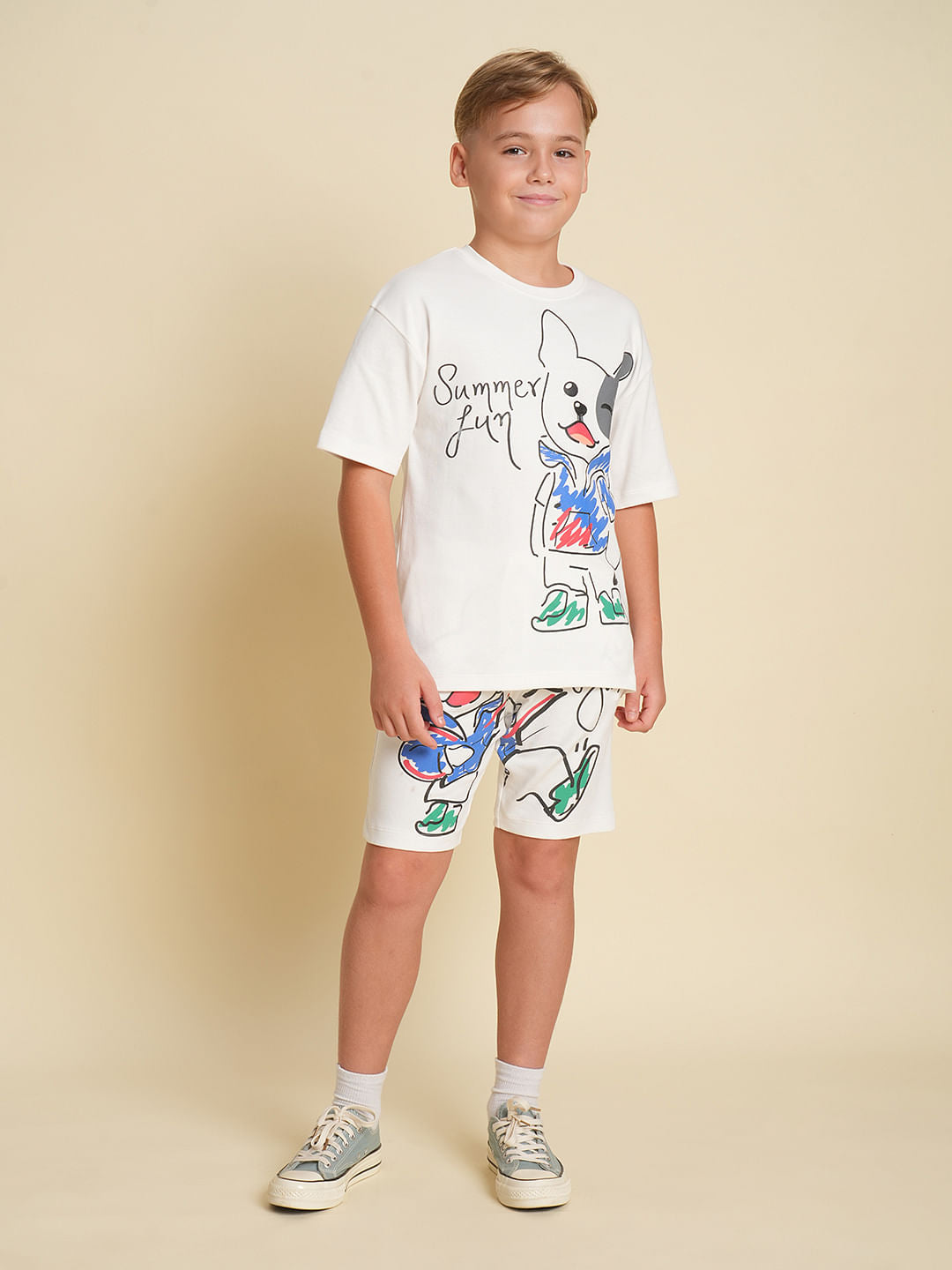 Boys White Printed Co-ord Set Shorts