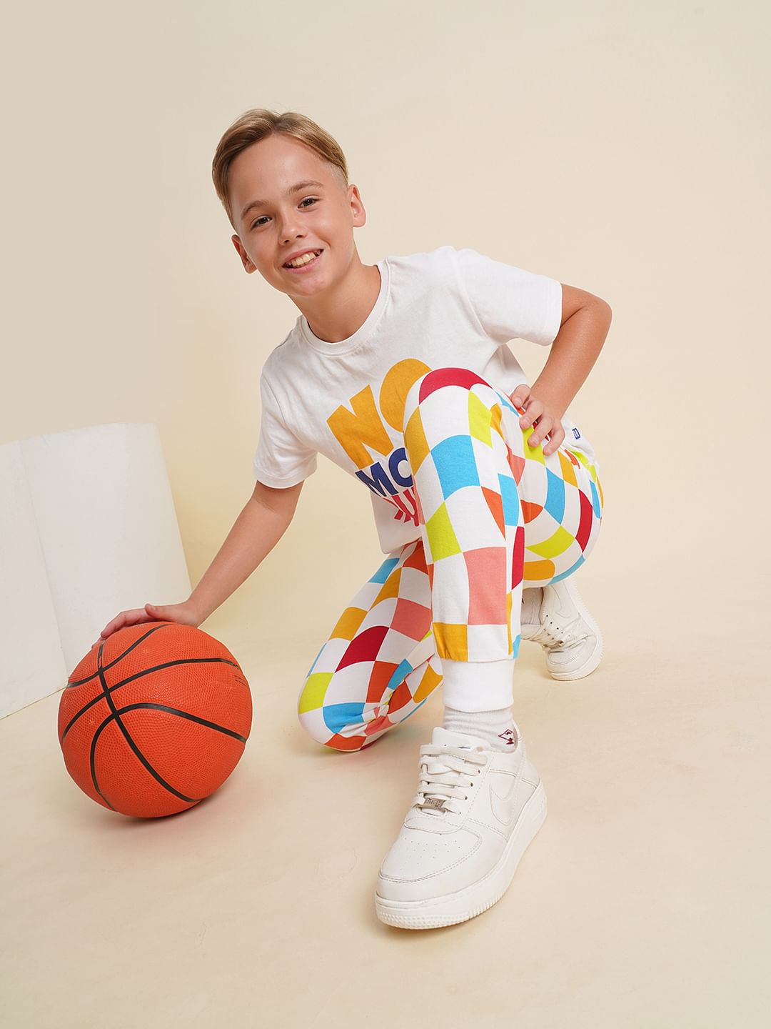 Boys White Check Sweatpants