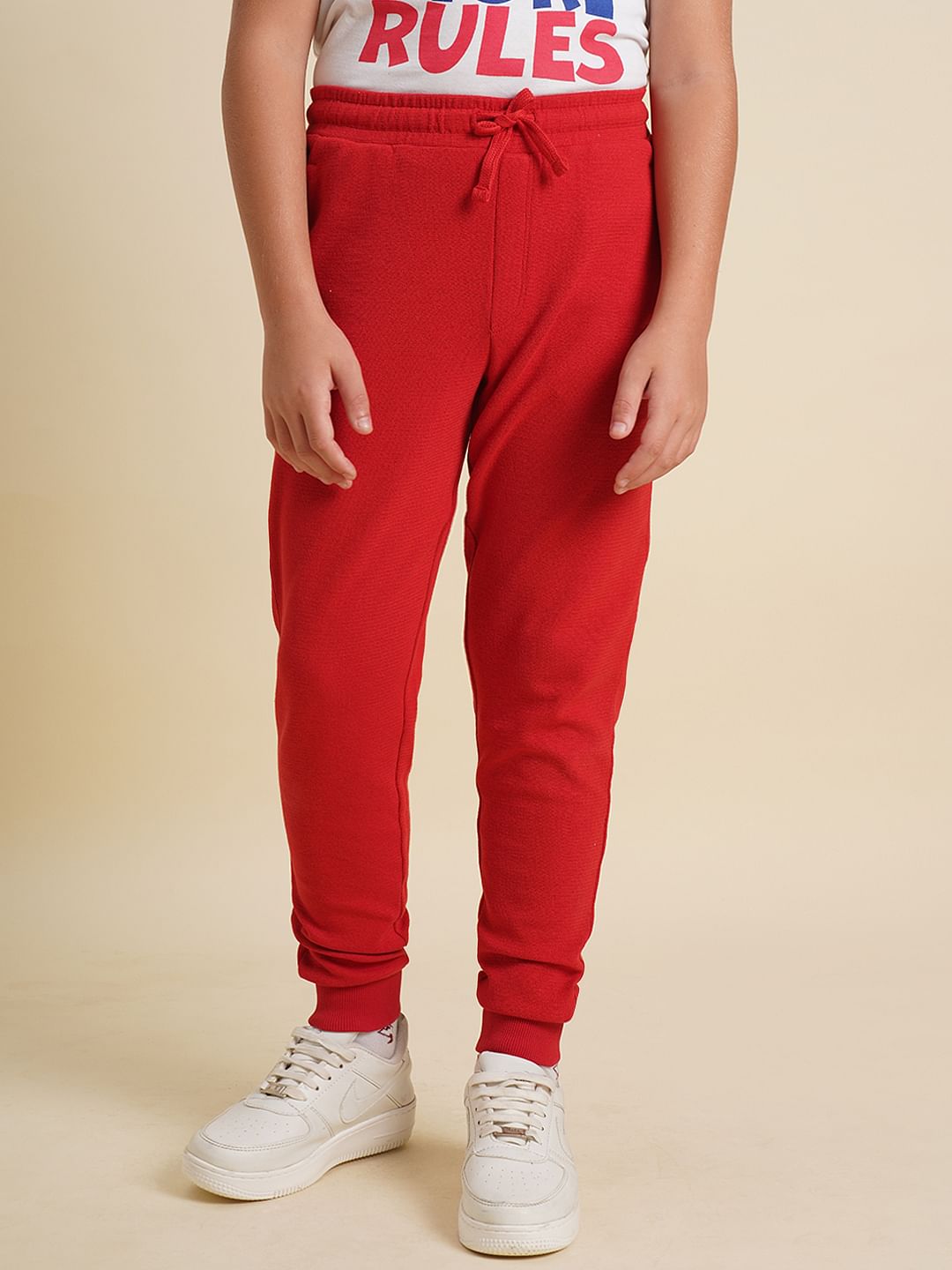 Boys Red Textured Cotton Sweatpants