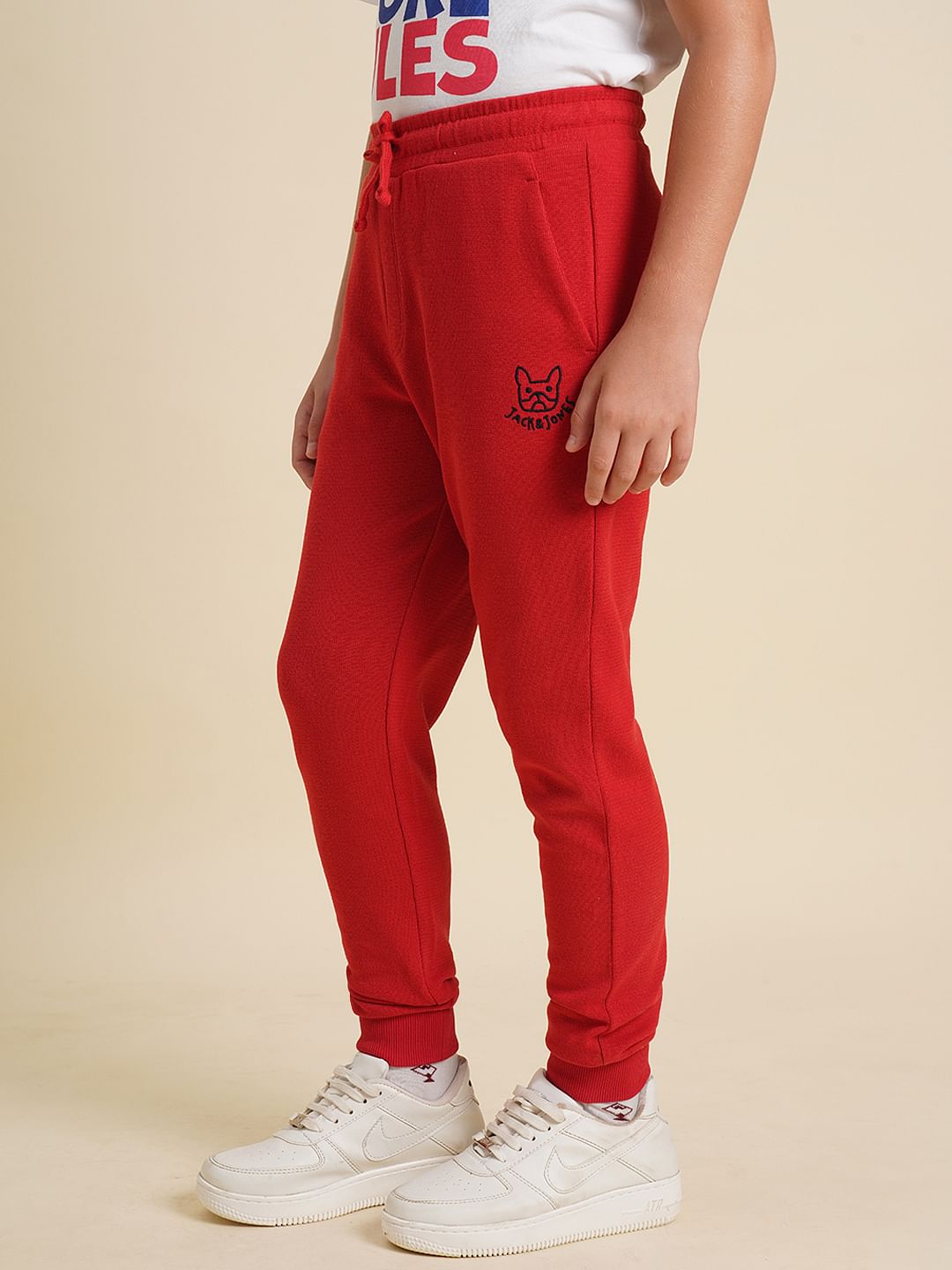 Boys Red Textured Cotton Sweatpants