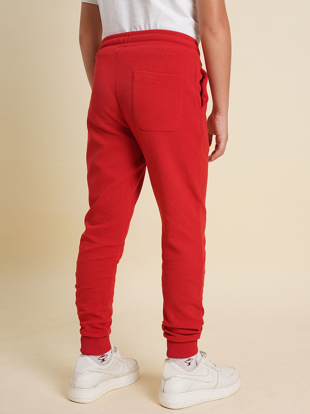 Boys Red Textured Cotton Sweatpants