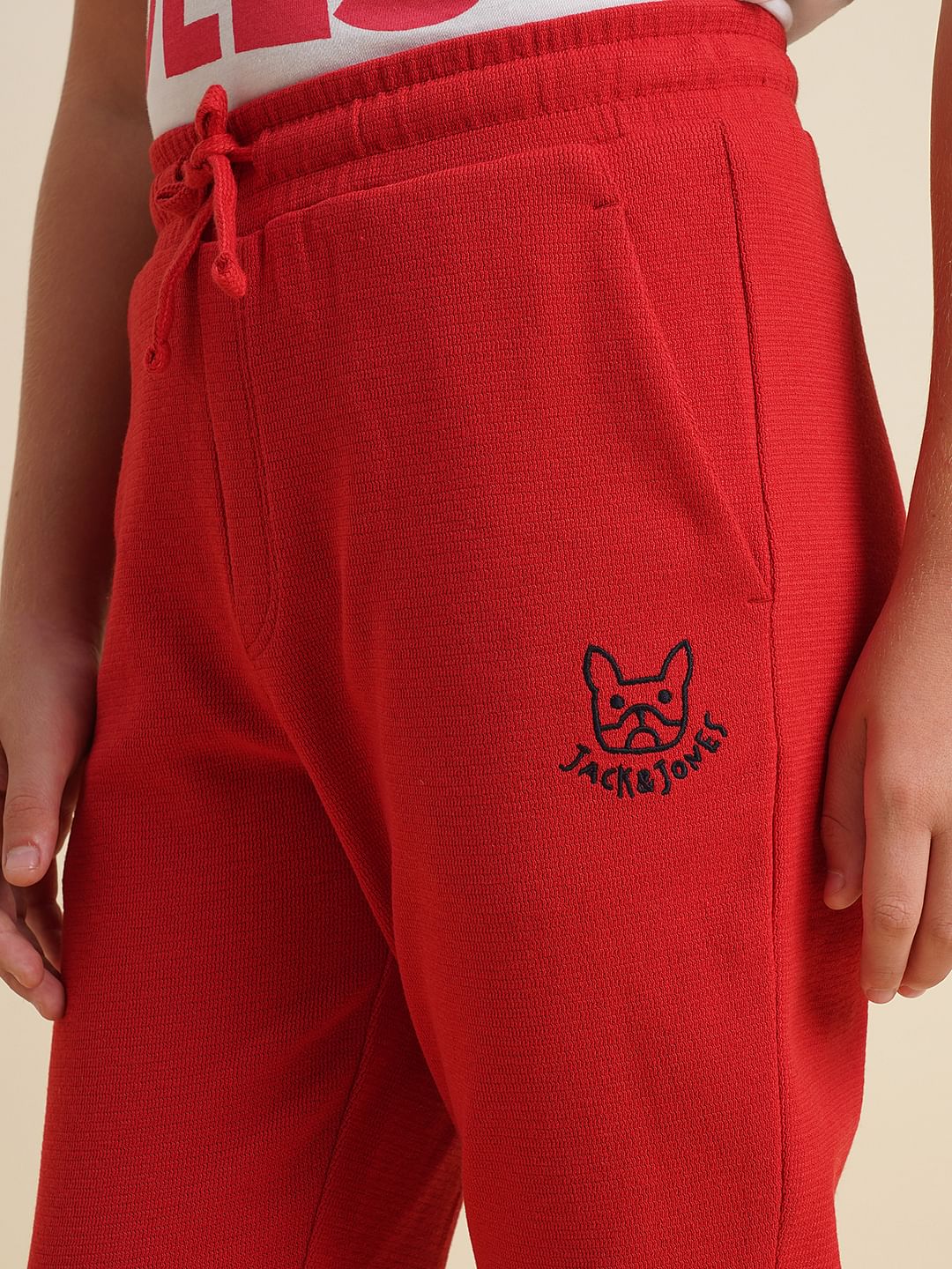 Boys Red Textured Cotton Sweatpants