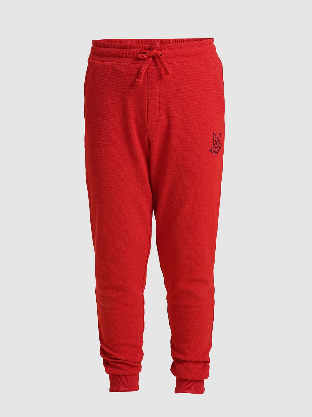 Boys Red Textured Cotton Sweatpants