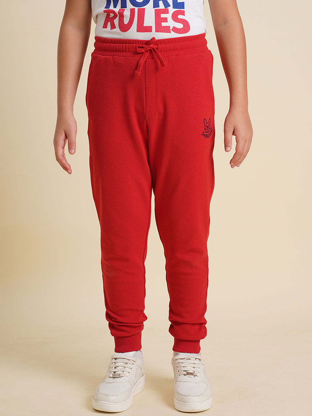 Boys Red Textured Cotton Sweatpants