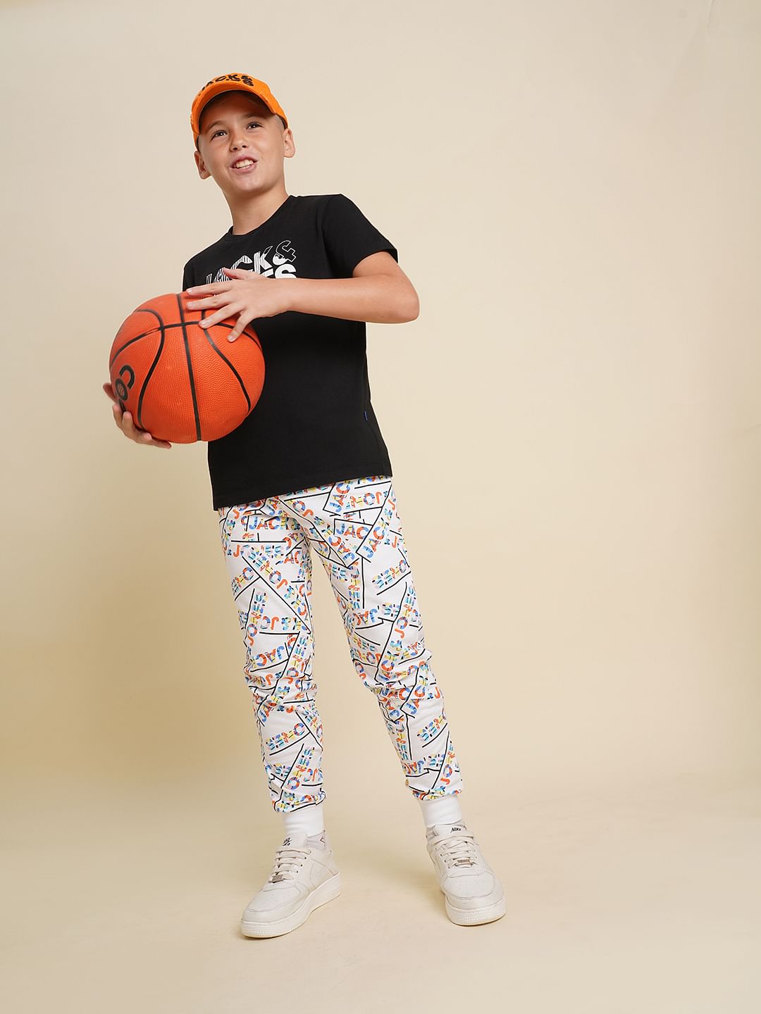 Boys White Printed Cotton Sweatpants