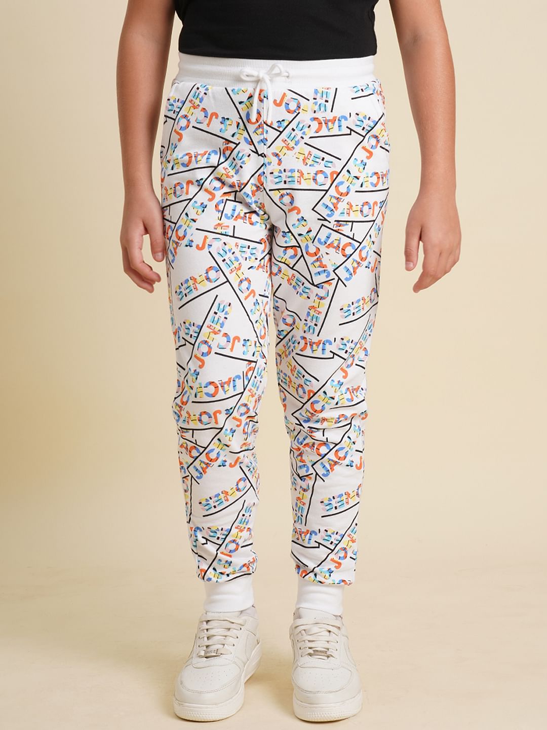 Boys White Printed Cotton Sweatpants