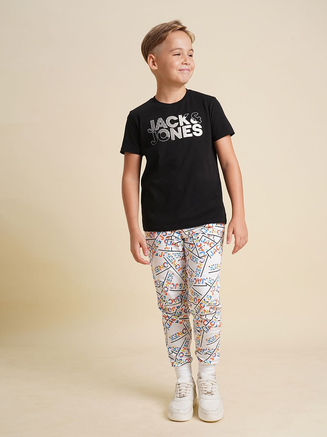 Boys White Printed Cotton Sweatpants
