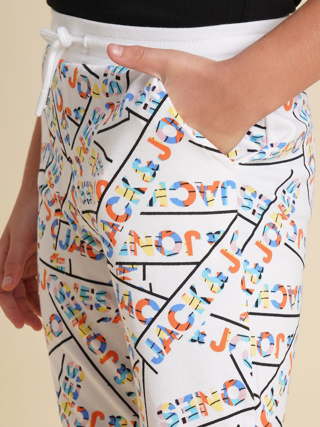 Boys White Printed Cotton Sweatpants