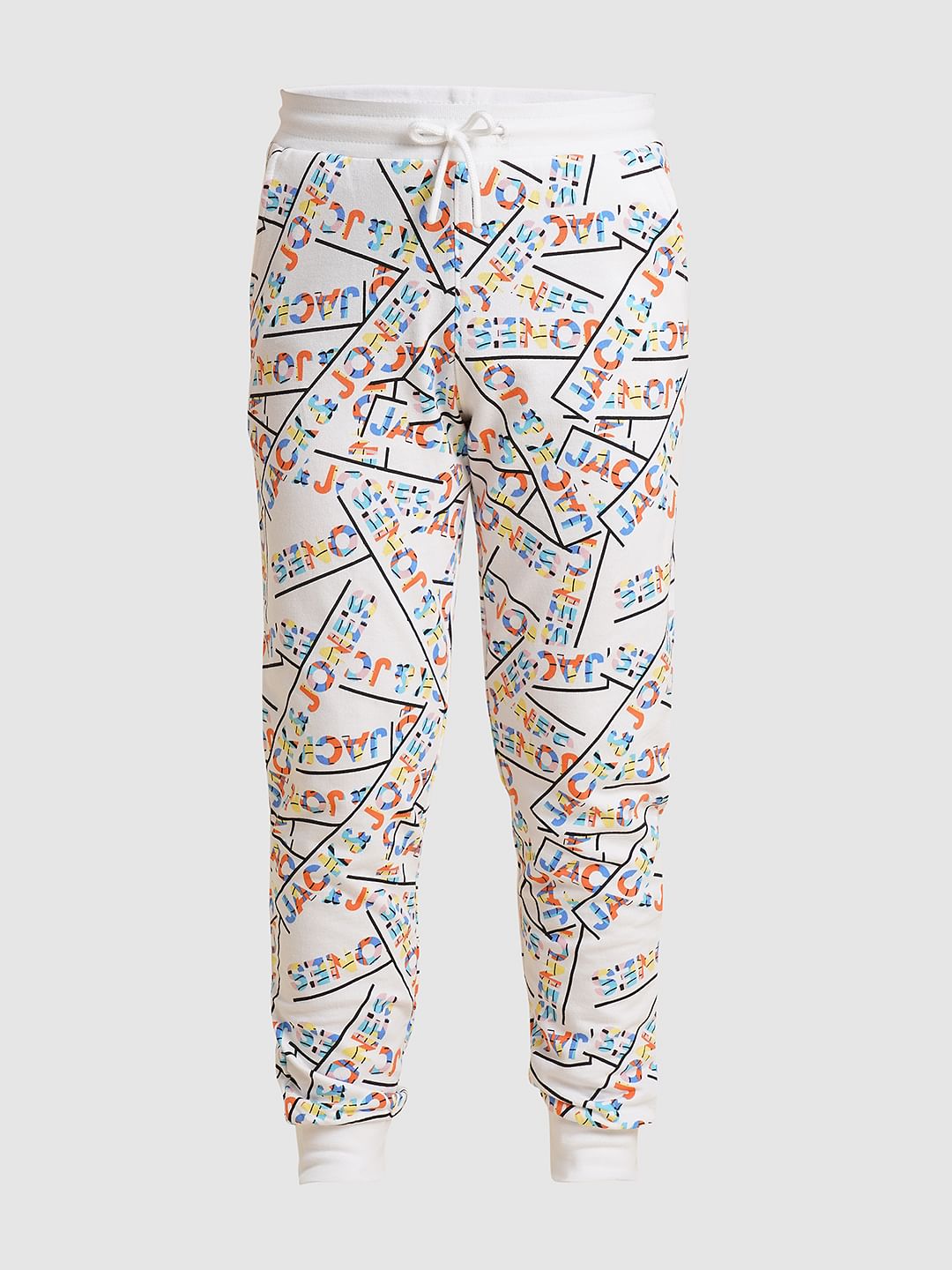 Boys White Printed Cotton Sweatpants