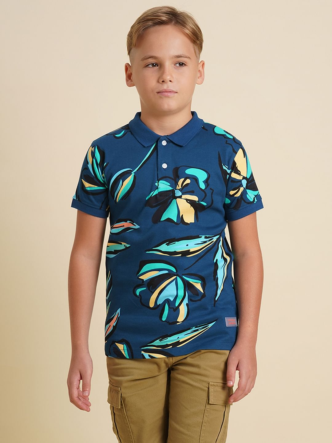 Boys Blue Printed Cotton Polo