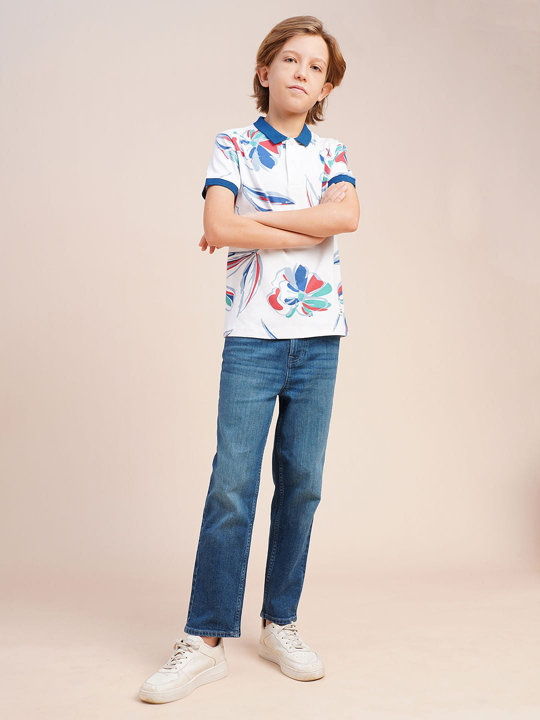 Boys White Printed Cotton Polo