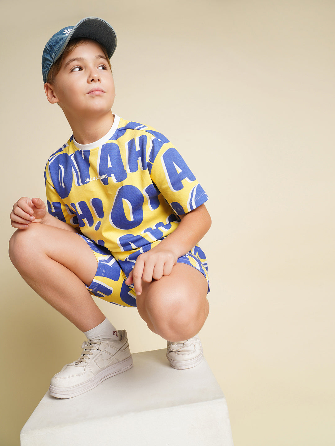 JACK&JONES JUNIOR Boys Yellow Typographic Print Co-ord Set T-shirt