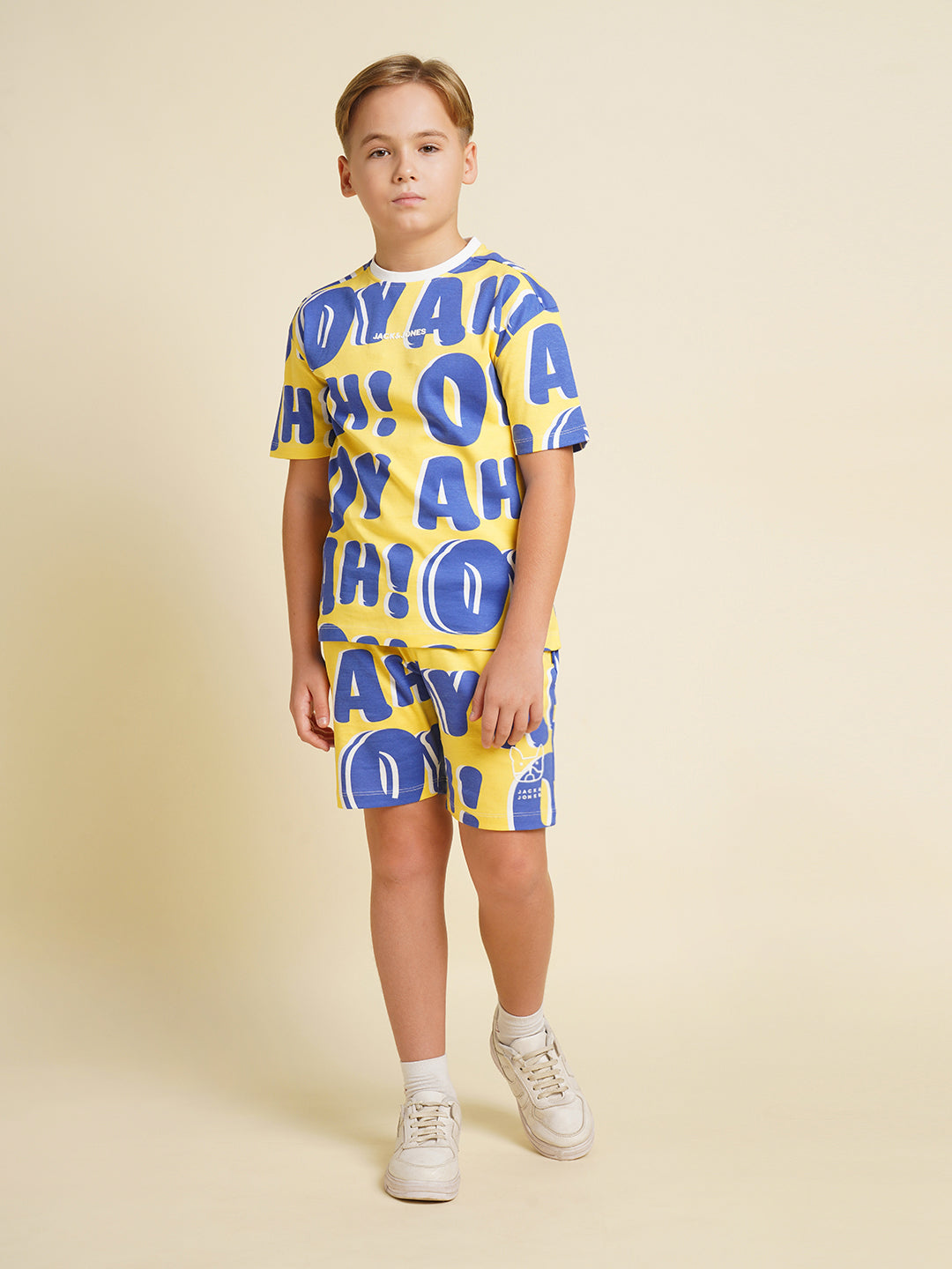 JACK&JONES JUNIOR Boys Yellow Typographic Print Co-ord Set T-shirt