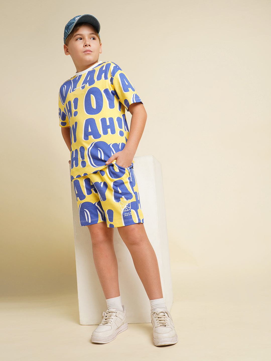 JACK&JONES JUNIOR Boys Yellow Typographic Print Co-ord Set Shorts