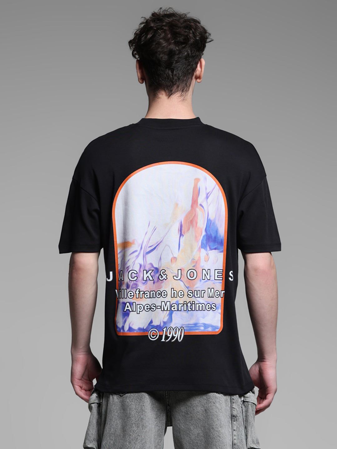 Men's Black Cotton Oversized Crew Neck Graphic T-Shirt