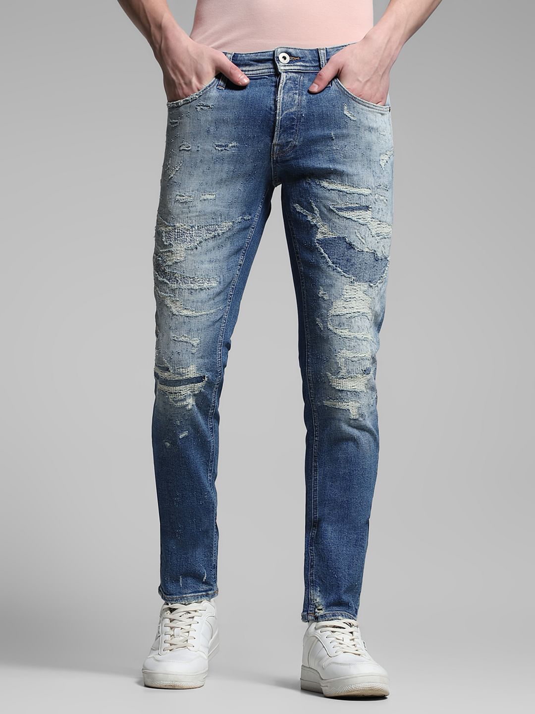 Blue Low Rise Distressed Glenn Slim Fit Jeans