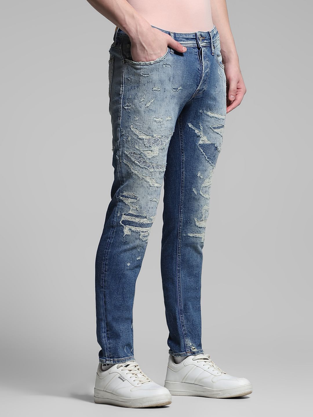 Blue Low Rise Distressed Glenn Slim Fit Jeans