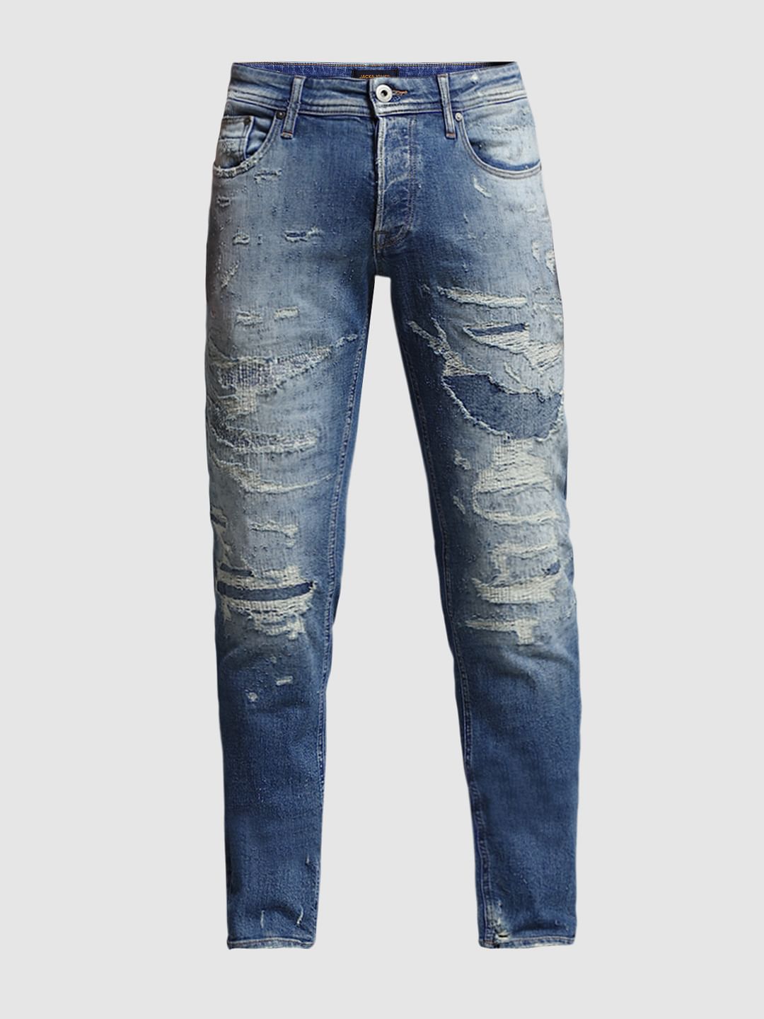 Blue Low Rise Distressed Glenn Slim Fit Jeans