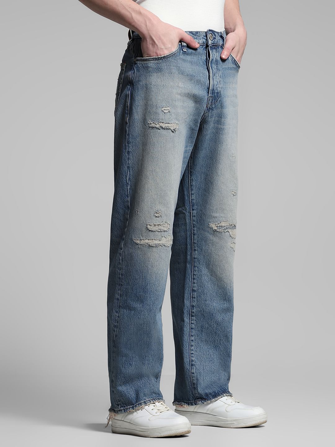 Light Blue High Rise Distressed Loose Fit Jeans