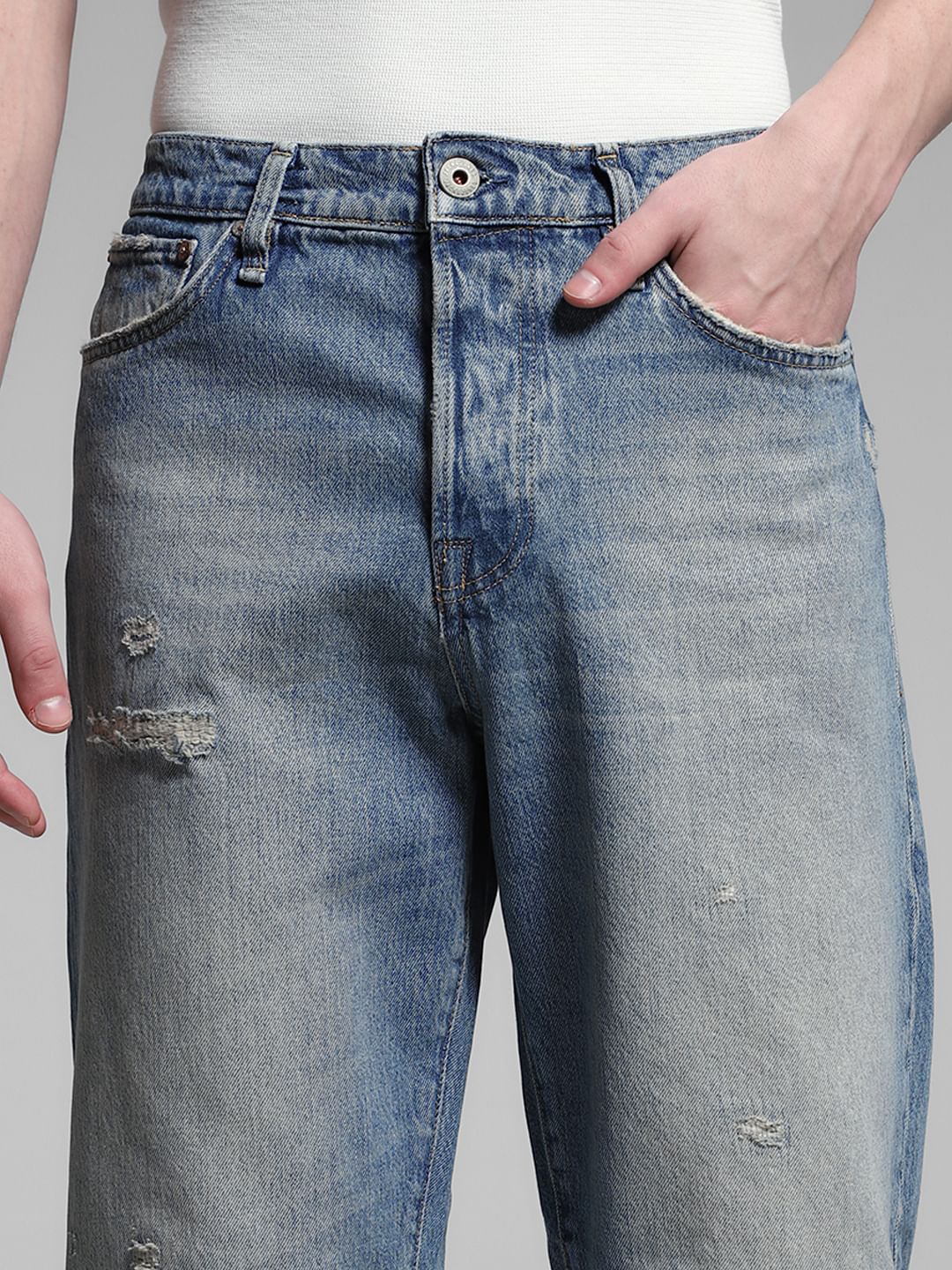 Light Blue High Rise Distressed Loose Fit Jeans