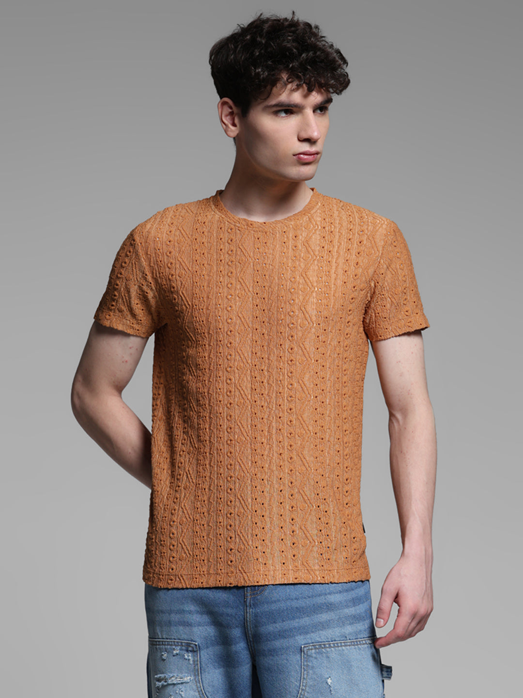 Men's Bronze Jacquard Textured Regular Fit Crew Neck T-Shirt