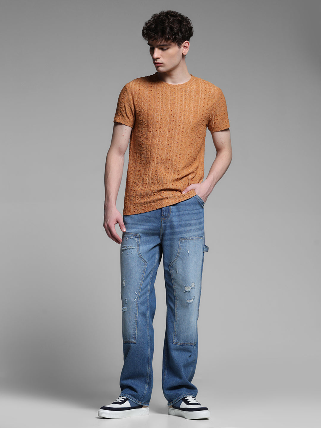 Men's Bronze Jacquard Textured Regular Fit Crew Neck T-Shirt