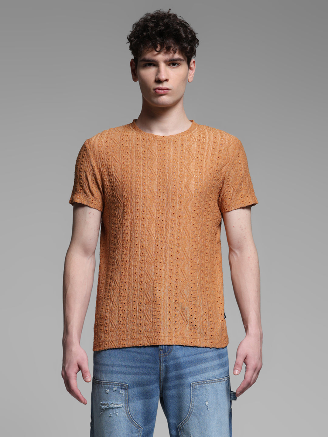 Men's Bronze Jacquard Textured Regular Fit Crew Neck T-Shirt