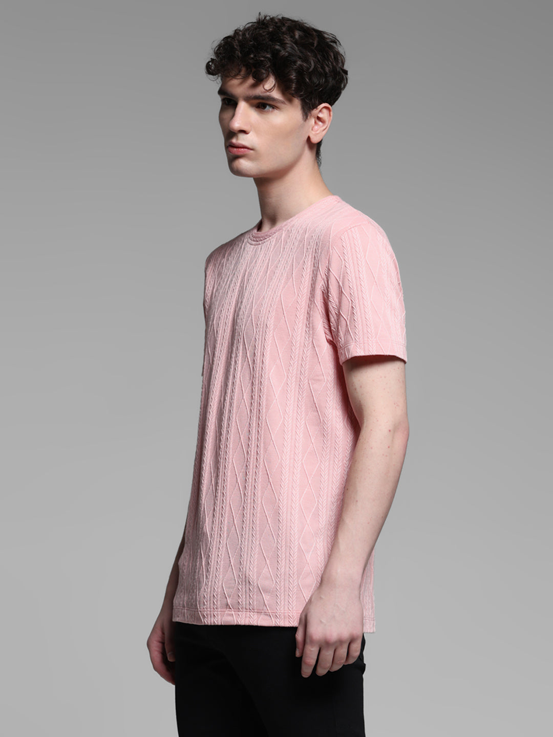 Men's Pink Jacquard Textured Slim Fit Crew Neck T-Shirt