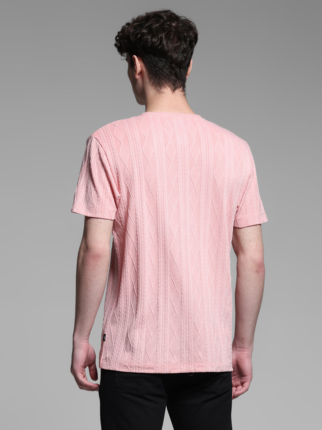 Men's Pink Jacquard Textured Slim Fit Crew Neck T-Shirt