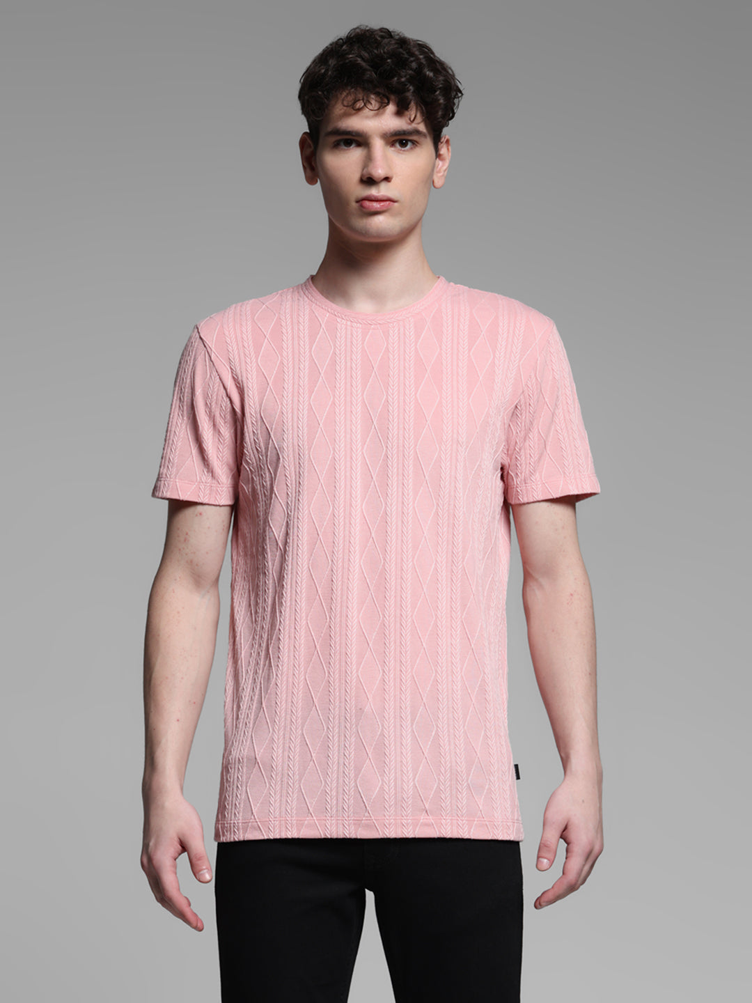 Men's Pink Jacquard Textured Slim Fit Crew Neck T-Shirt