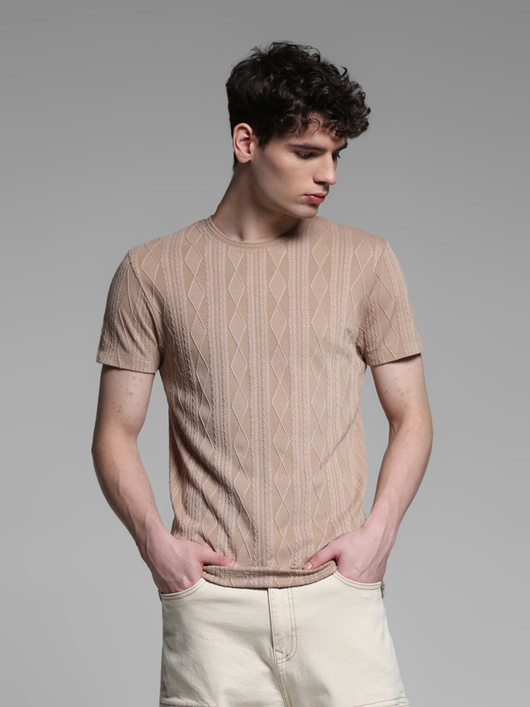 Brown Jacquard Crew Neck T-shirt
