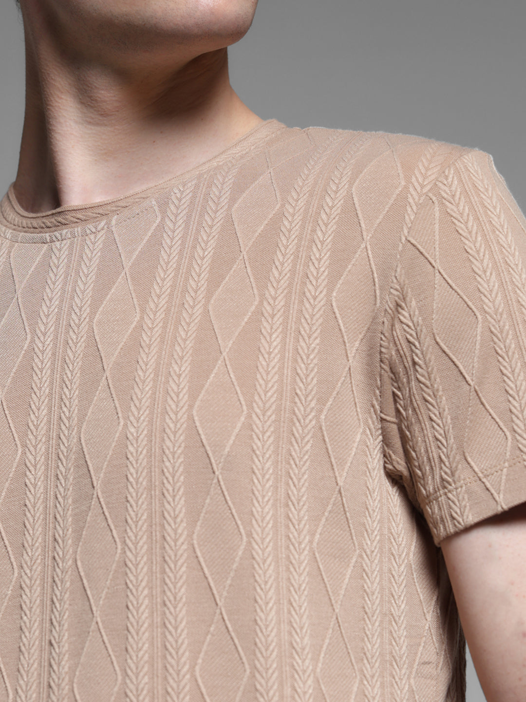 Brown Jacquard Crew Neck T-shirt