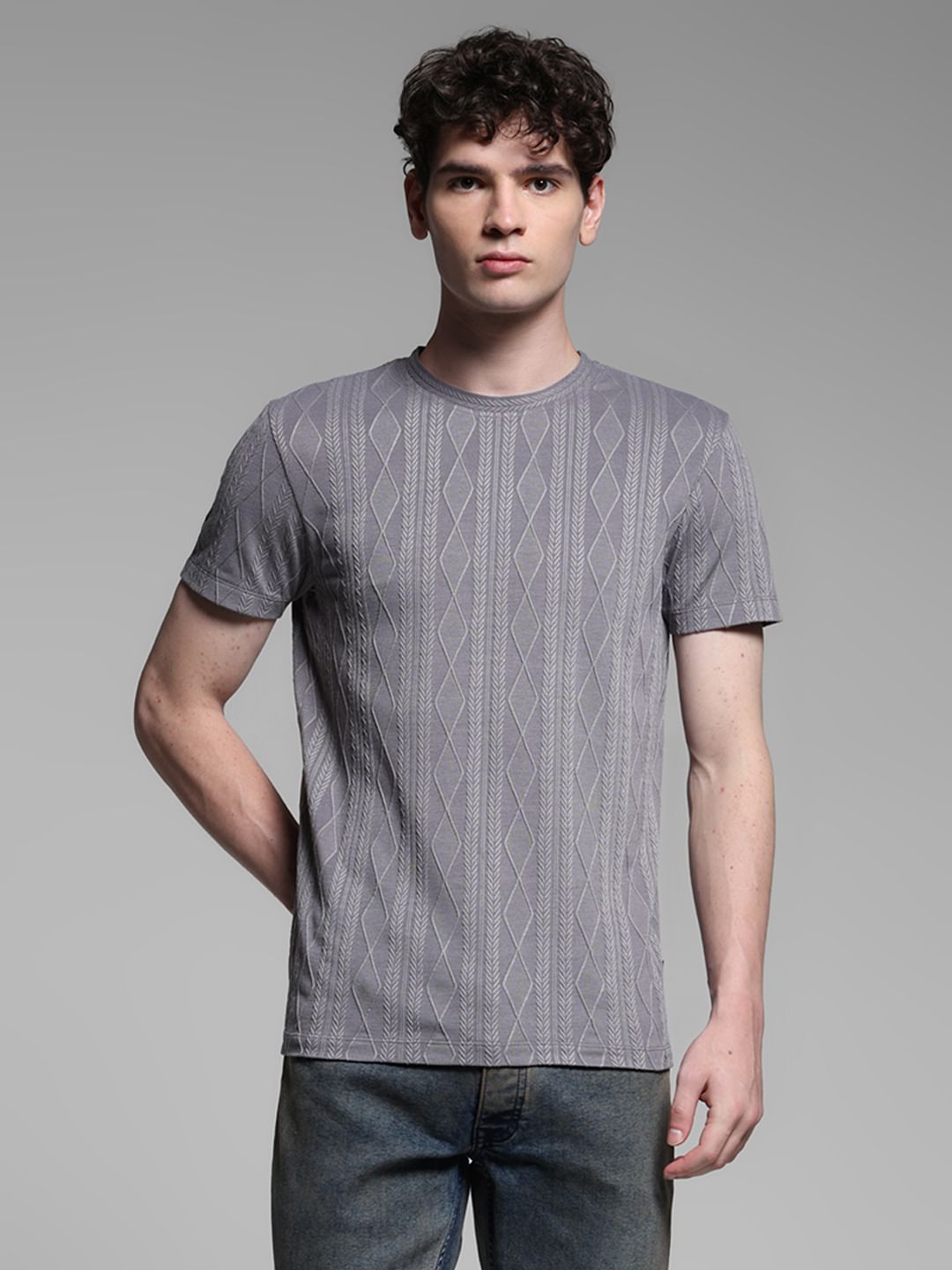 Grey Jacquard Crew Neck T-shirt