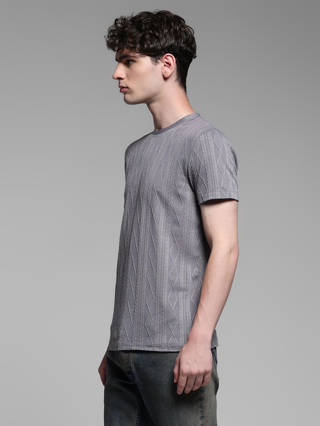 Grey Jacquard Crew Neck T-shirt