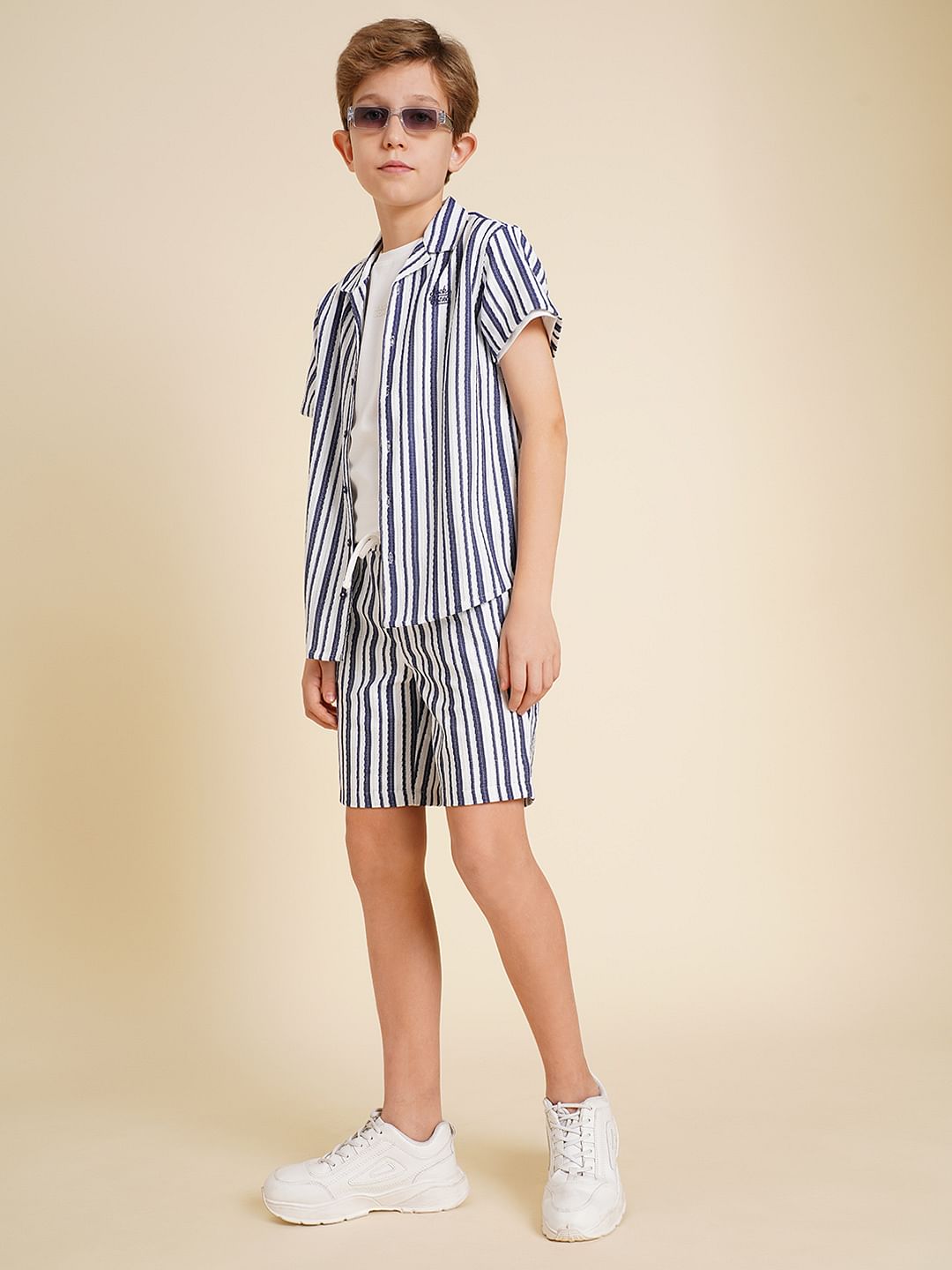 Boys Blue Yarn Dyed Striped Co-ord Set Shorts