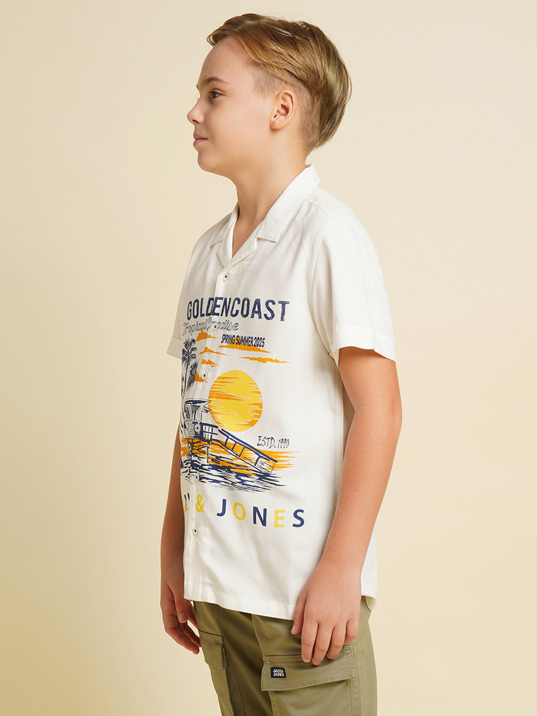 Boys White Printed Viscose Shirt