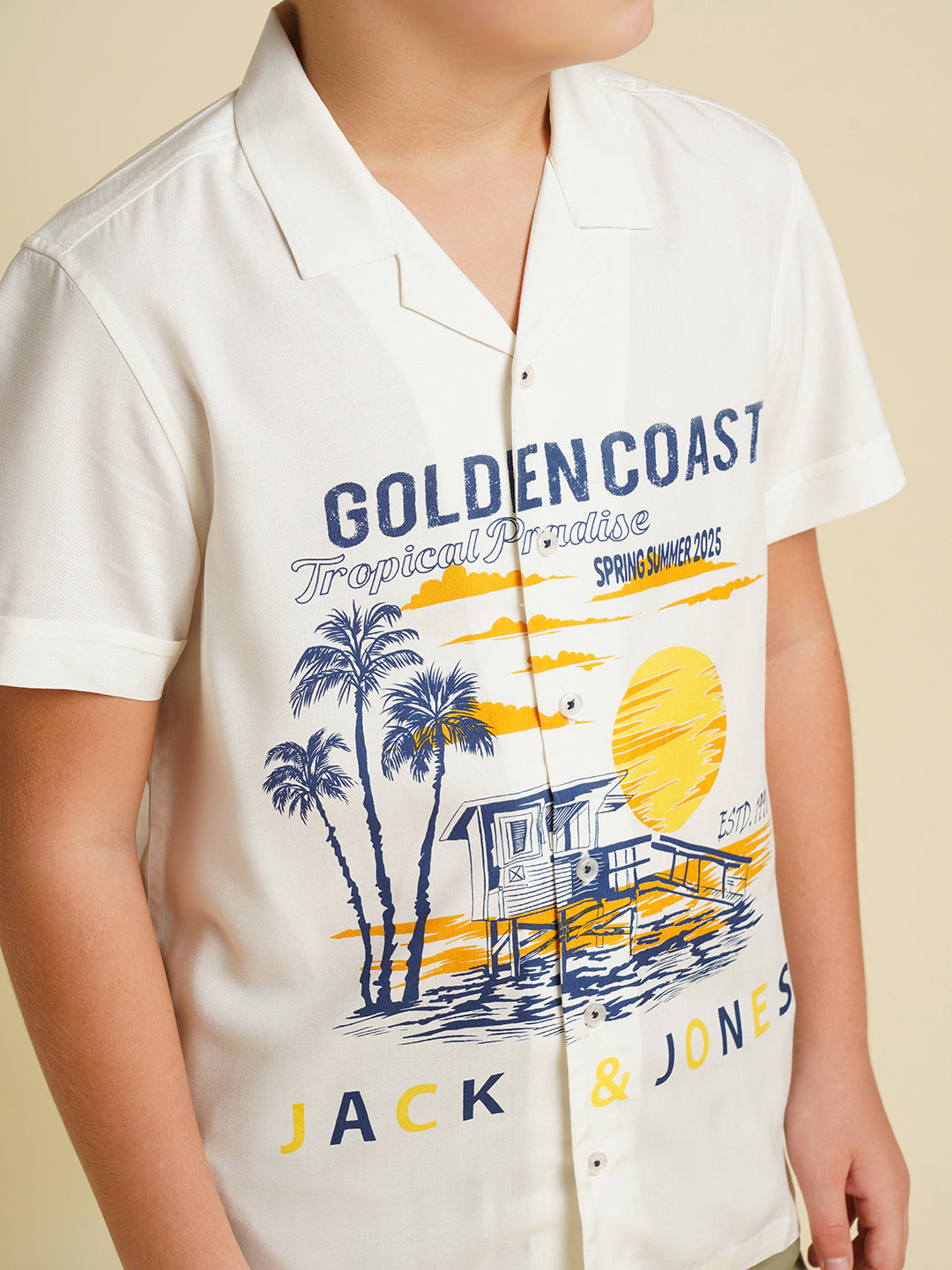 Boys White Printed Viscose Shirt