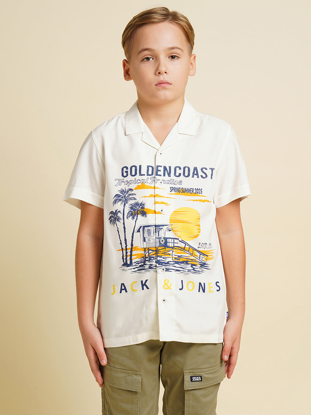 Boys White Printed Viscose Shirt