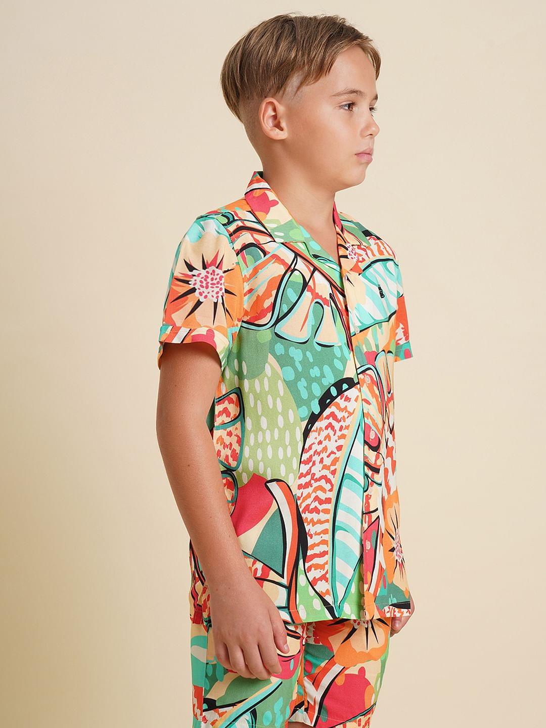 Boys Green Printed Co-ord Set Shirt
