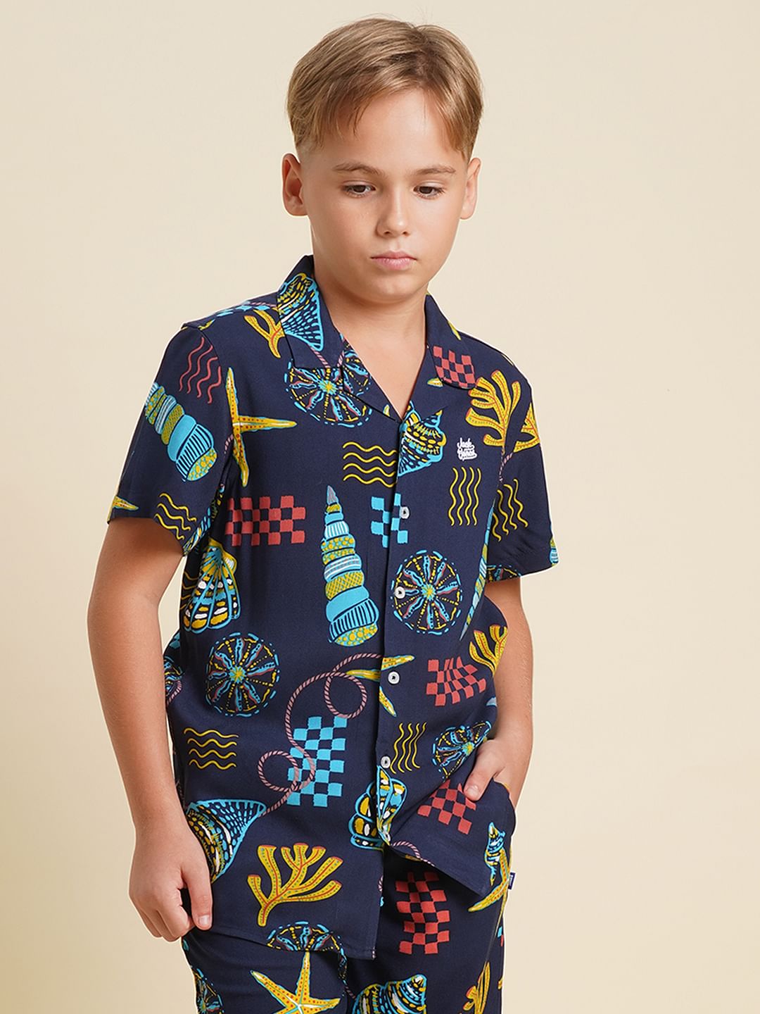 Boys Blue Printed Short Sleeves Shirt