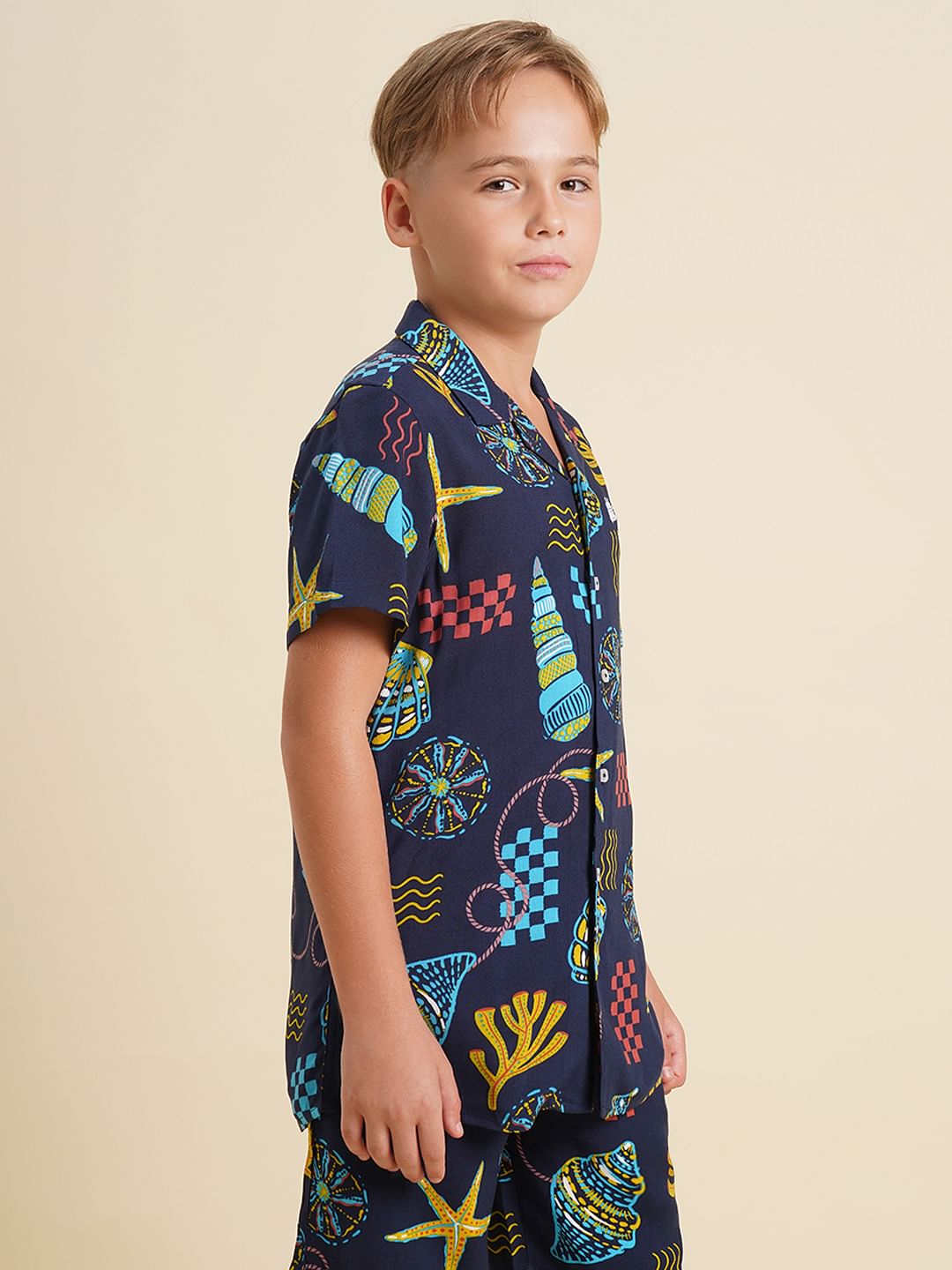 Boys Blue Printed Short Sleeves Shirt