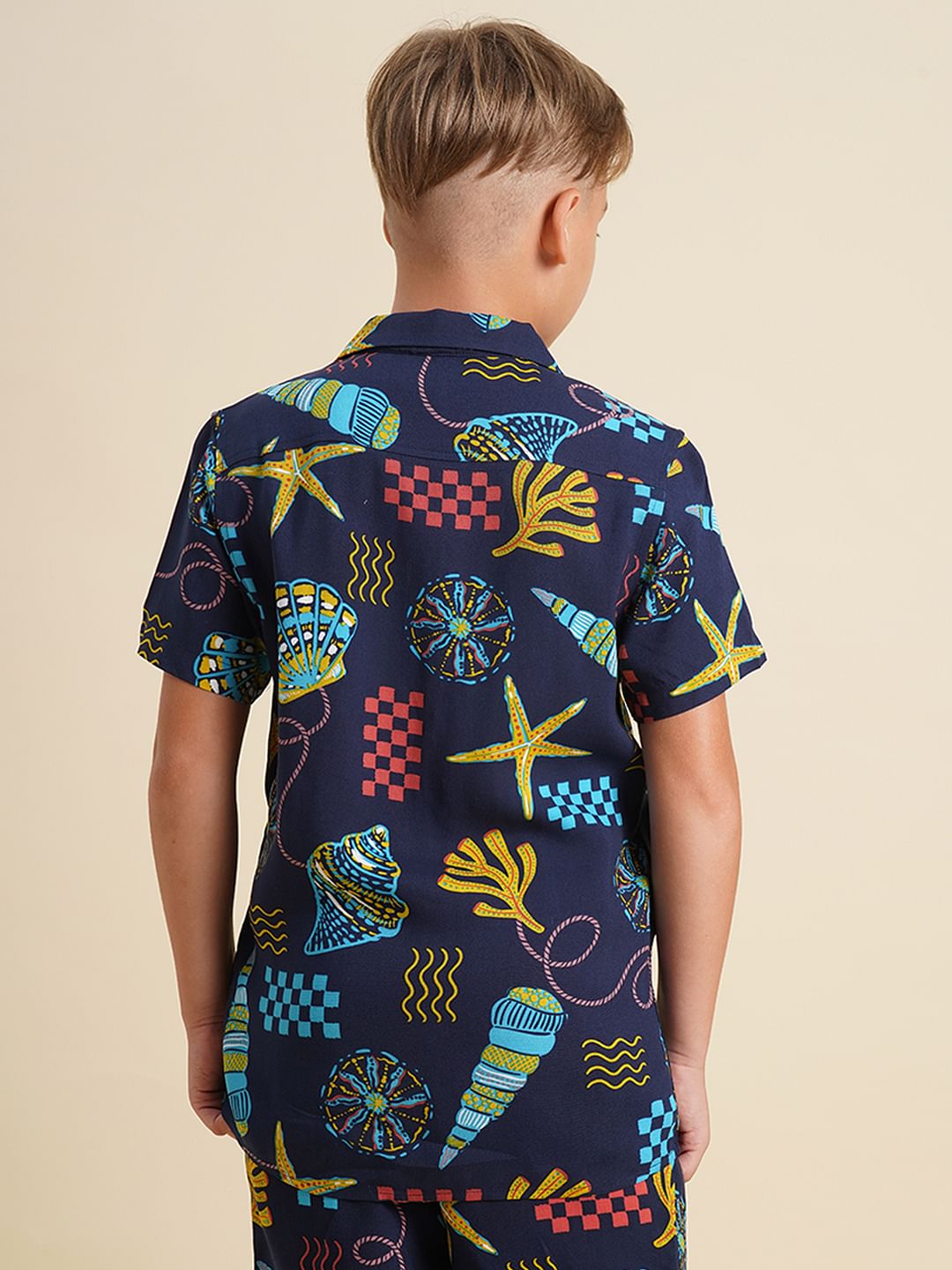 Boys Blue Printed Short Sleeves Shirt