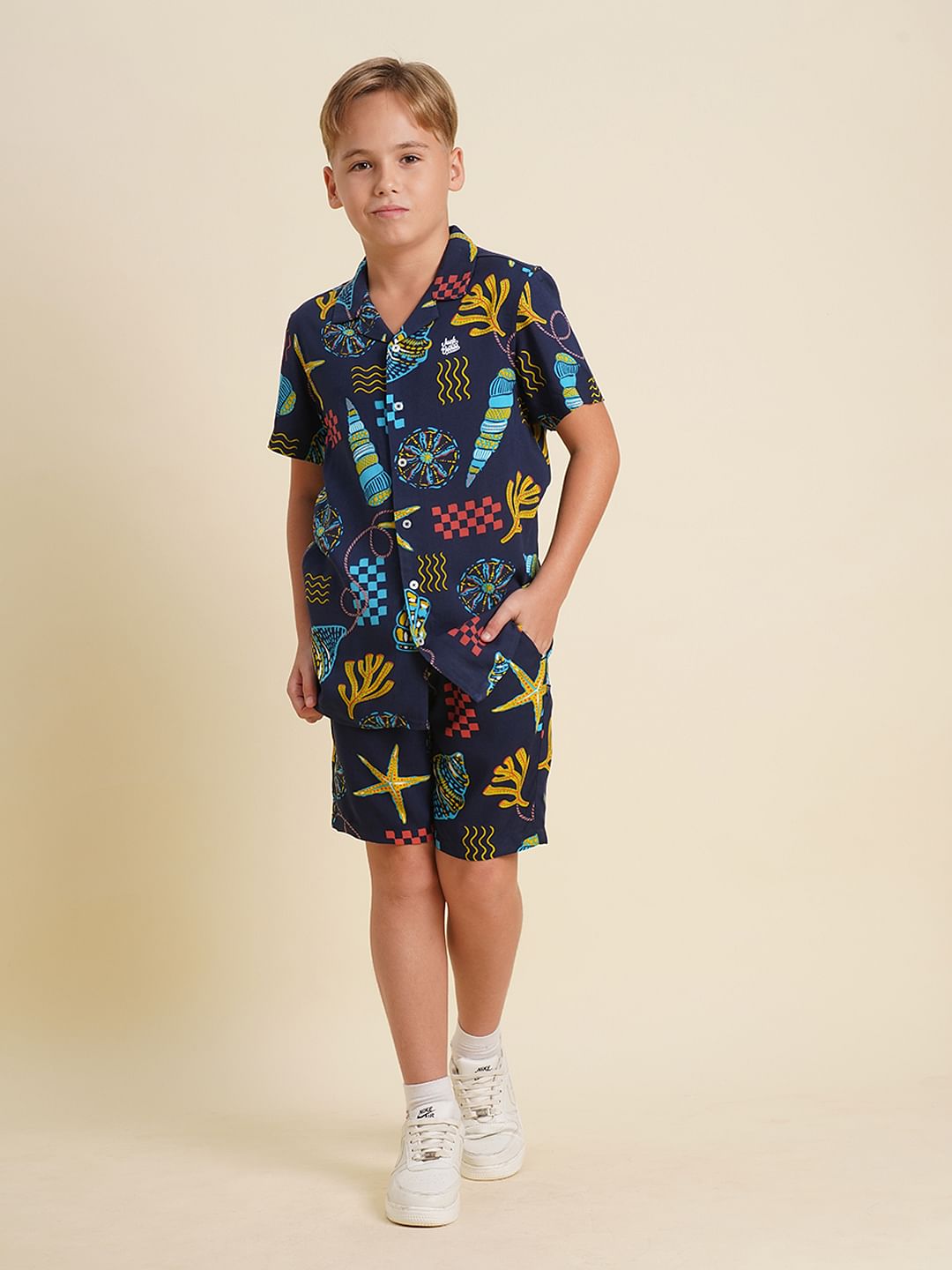 Boys Blue Printed Short Sleeves Shirt