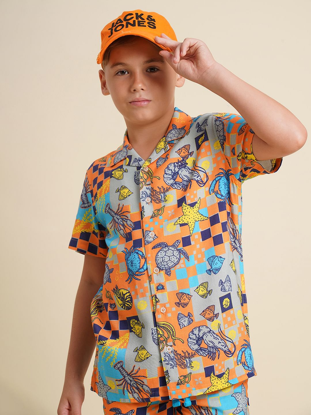 Boys Orange Printed Co-ord Set Shirt