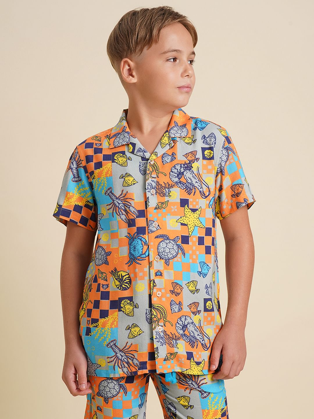 Boys Orange Printed Co-ord Set Shirt