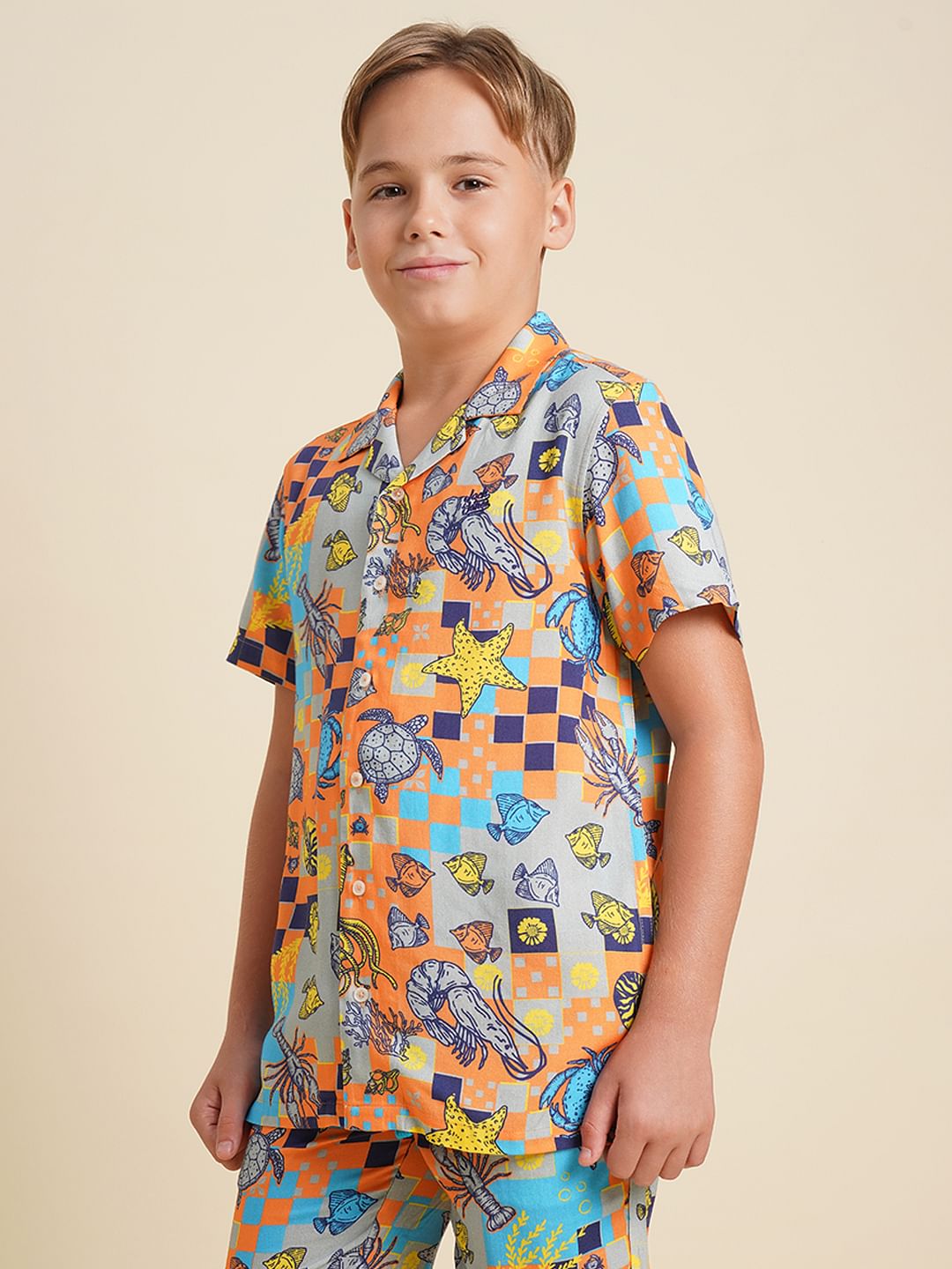 Boys Orange Printed Co-ord Set Shirt